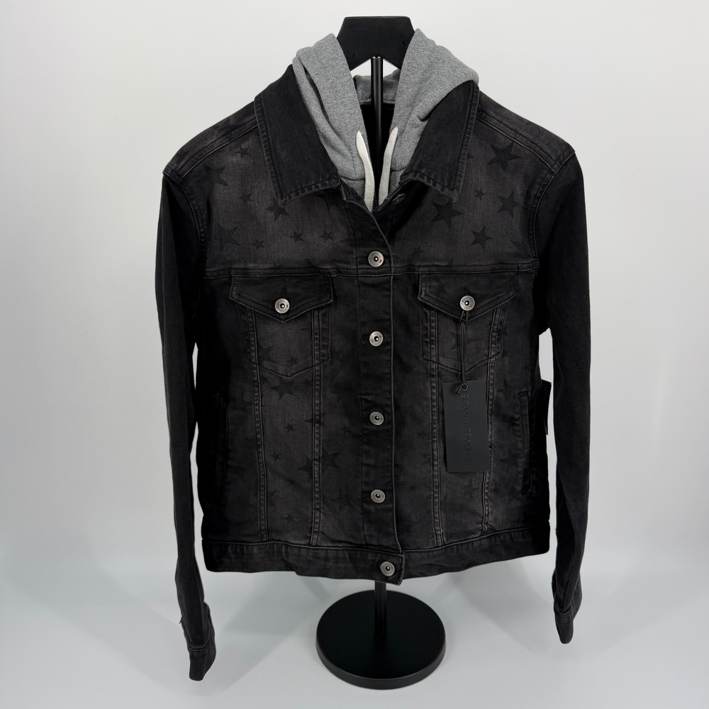 Kendall + Kylie Denim Jacket Womens S Black New Star Print Hooded KK60241BLS